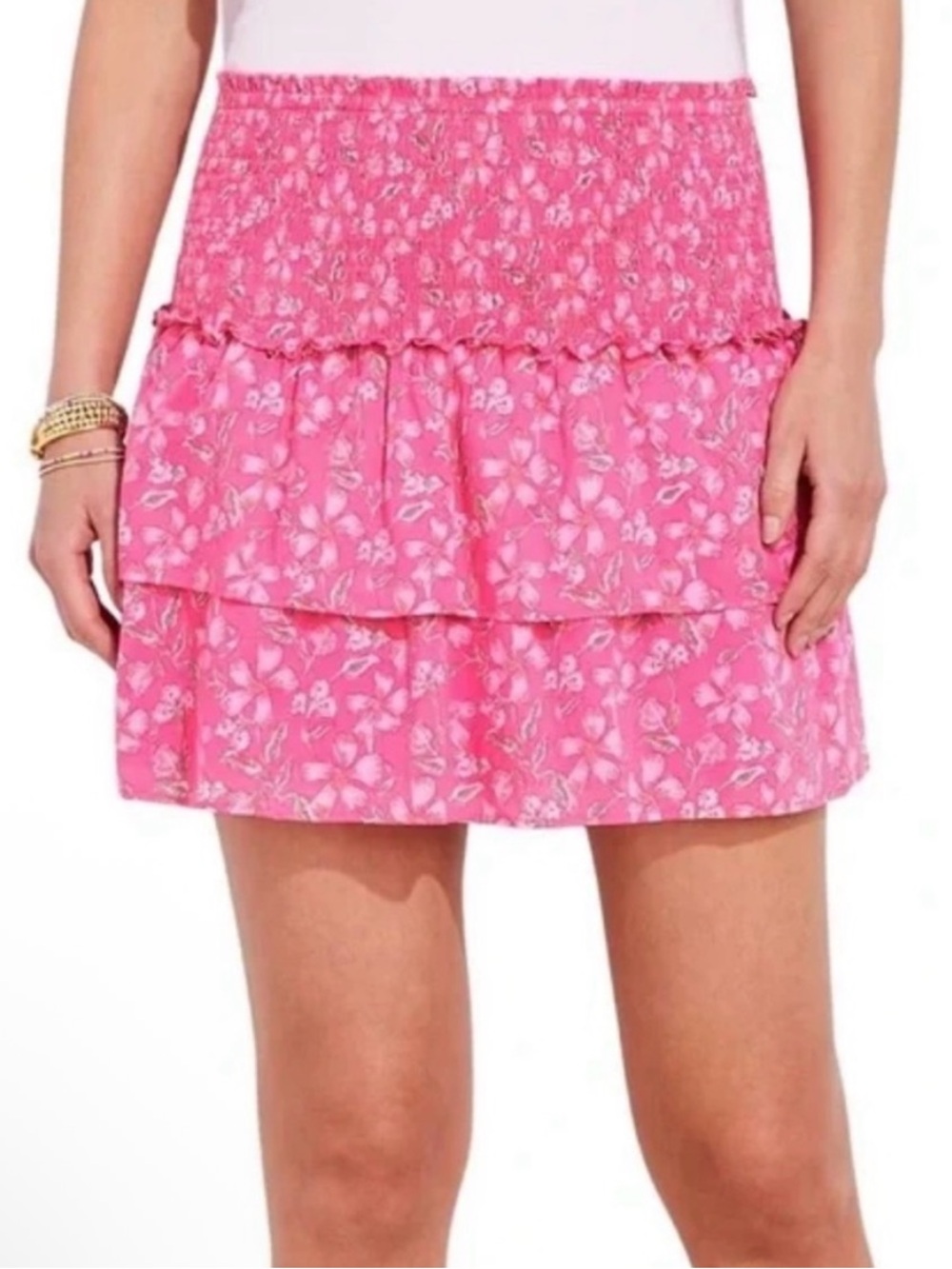 Vineyard Vines Oleander Floral Smocked Skirt Size XS in Knockout Pink NWT